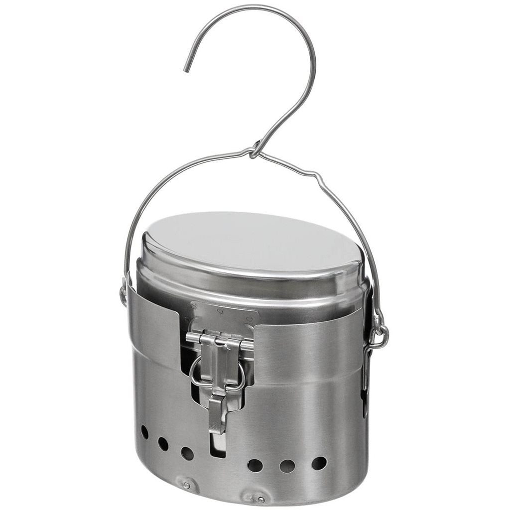 Set de cocina sueco tipo M40 en acero inoxidable, incluye paravientos, sartén y olla