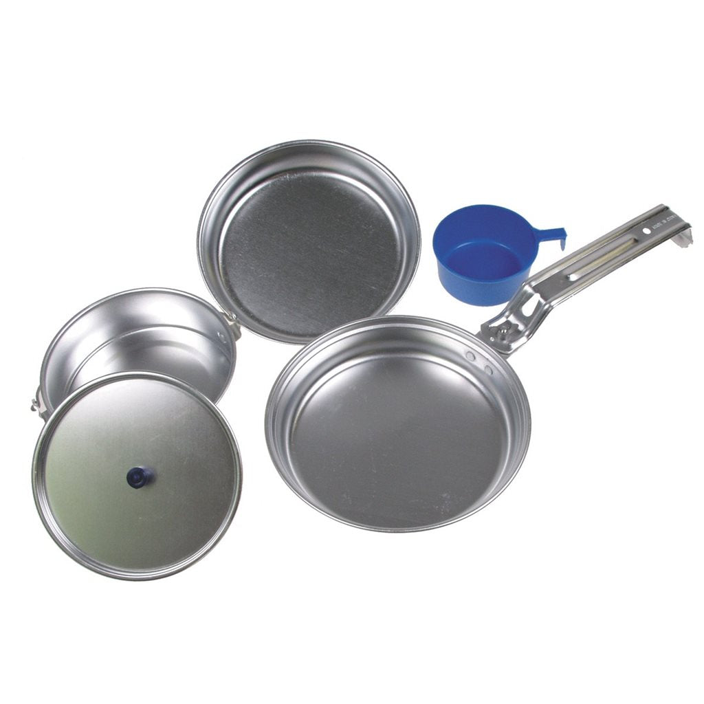 Juego de menaje de camping DeLuxe ligero de aluminio con sartén, olla, taza, cuenco y tapa