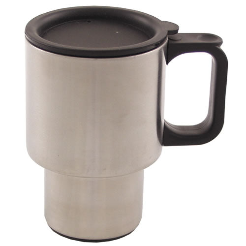 Taza térmica plateada de acero inoxidable 400 ml con asa y tapa de plástico