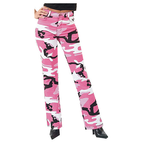 Pantalones mujer Stretch Flare Pink Camo con 4 bolsillos y cordones en bajos