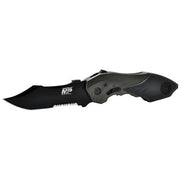 Navaja automática S&W Military Police negra con hoja parcialmente dentada y mango de aluminio con rompecristales