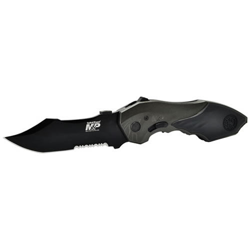 Navaja automática S&W Military Police negra con hoja parcialmente dentada y mango de aluminio con rompecristales