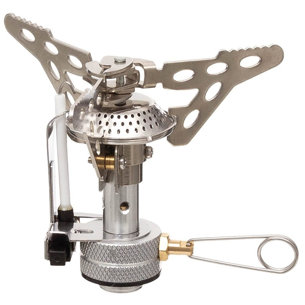 Hornillo de gas compacto con encendido piezoeléctrico y patas plegables (3 kW, 125 g)