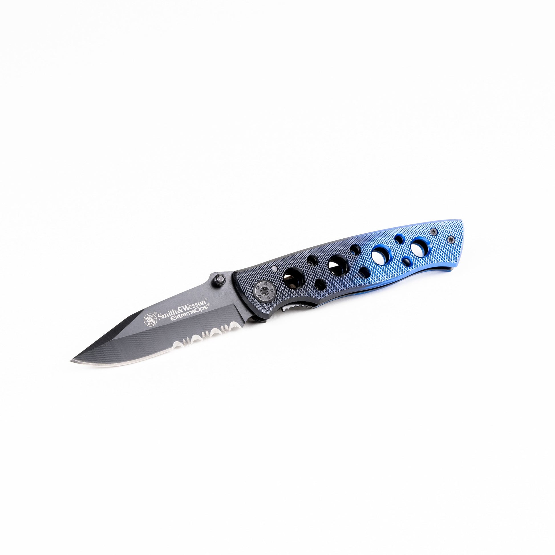 Navaja plegable Smith & Wesson CK111S, mango de aluminio azul y negro, hoja de acero 7Cr17 (56–58 HRC)