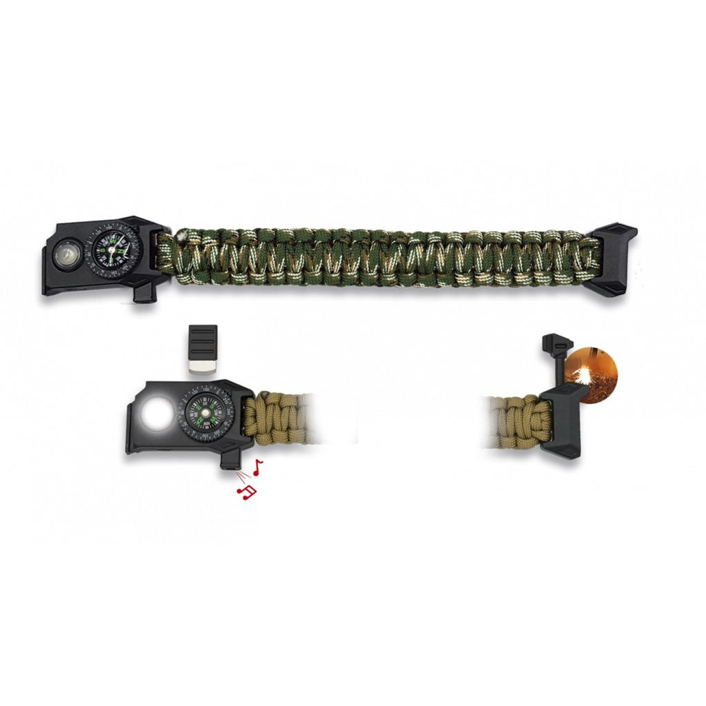 Pulsera paracord Coyote con brújula, silbato, linterna y pedernal, 24,5 cm, 41 g