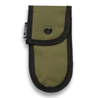 Funda BARBARIC verde para navaja cerrada, nylon resistente con cierre de solapa y botón, 13 x 6 cm
