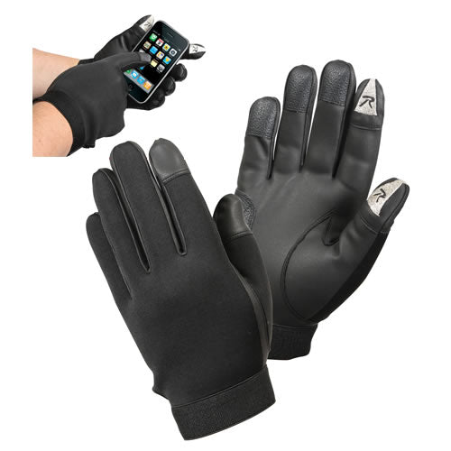 Guantes tácticos TOUCH SCREEN neopreno negros, palma piel sintética, puntas conductoras en pulgar e índice