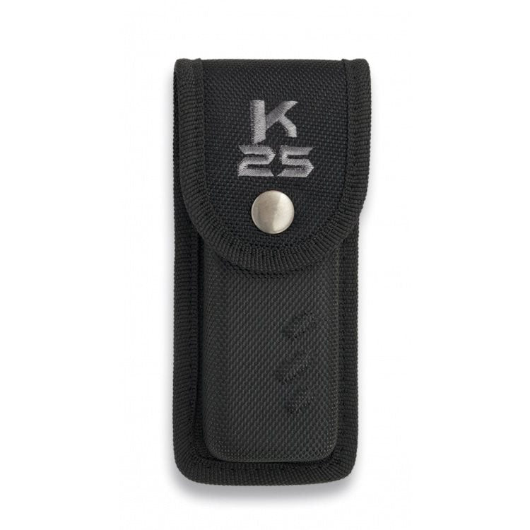 Funda K25 negra para navaja plegable, solapa con botón a presión, dimensiones interiores 10,9 x 4,3 x 1,9 cm