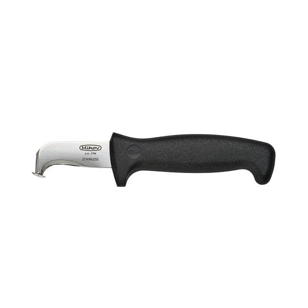 Cuchillo para cable NH-1, hoja acero inoxidable 420 (60 mm), mango plastico negro y funda PVC