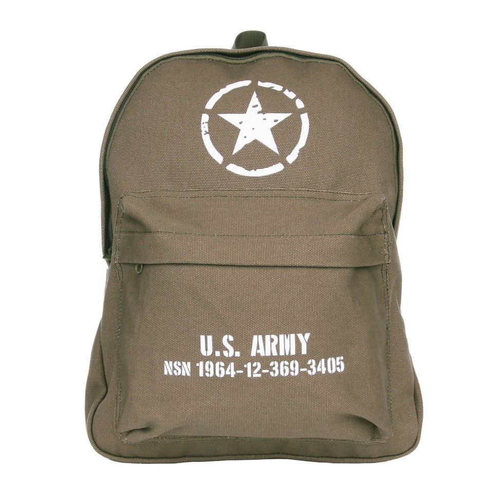 Mochila infantil U.S. Army de lona negra con estampado, bolsillo frontal y tirantes acolchados