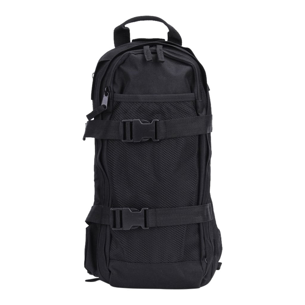 Mochila de hidratación negra con depósito y bolsillos de malla