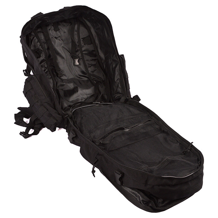 Mochila MOLLE 3-DAYS 101INC negra, diseño modular, hombreras anchas y cierres Fastex