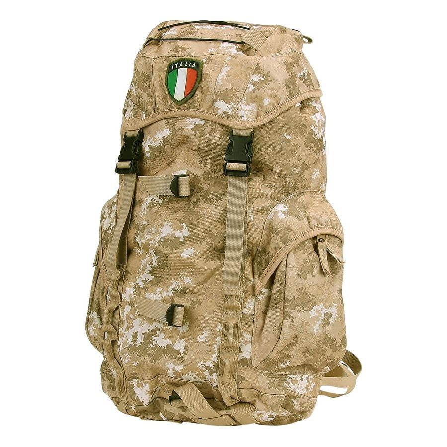 Mochila ITALIA 35l con patrón desierto, vista frontal y parche ITALIA en la tapa