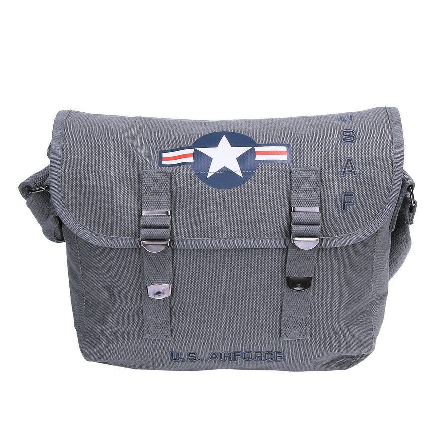 Bolsa bandolera de lona gris con emblema y textos USAF / U.S. Air Force
