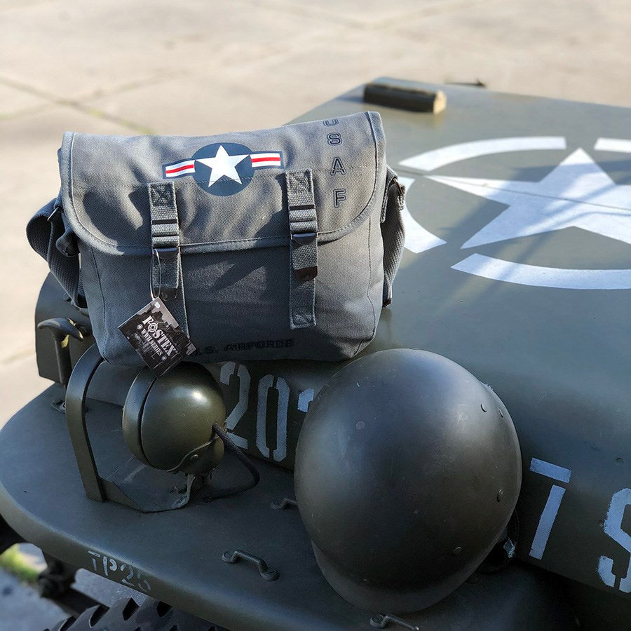 Bolsa bandolera de lona gris con emblema y textos USAF / U.S. Air Force