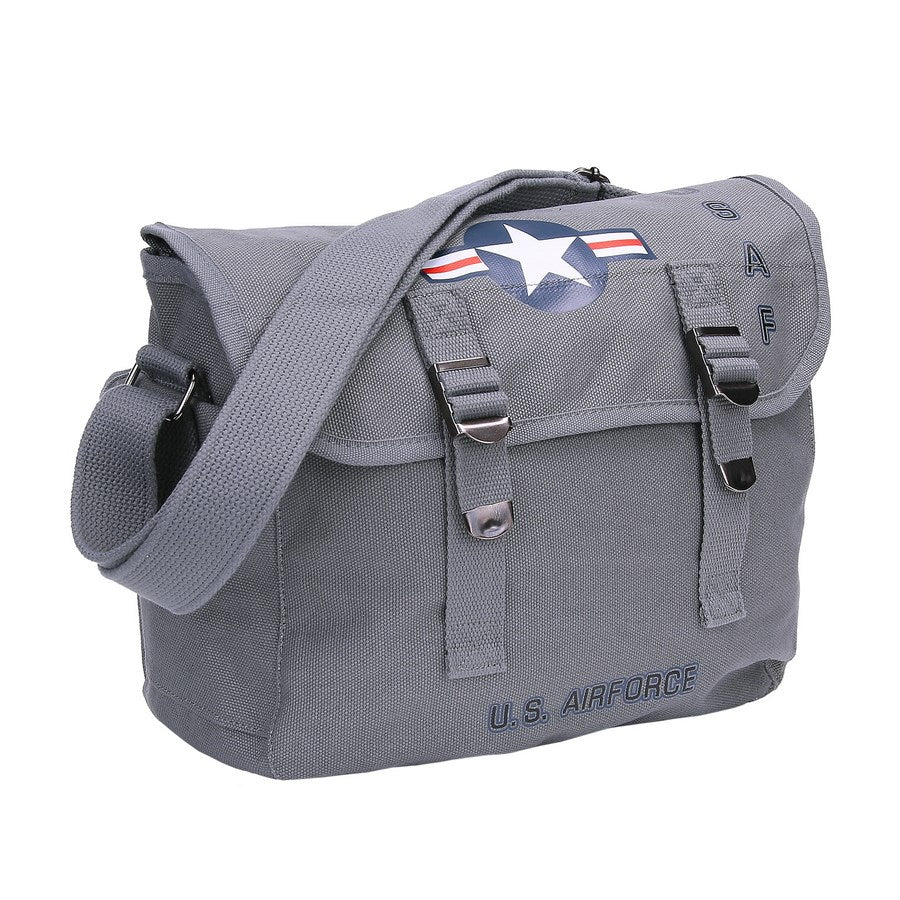 Bolsa bandolera de lona gris con emblema y textos USAF / U.S. Air Force