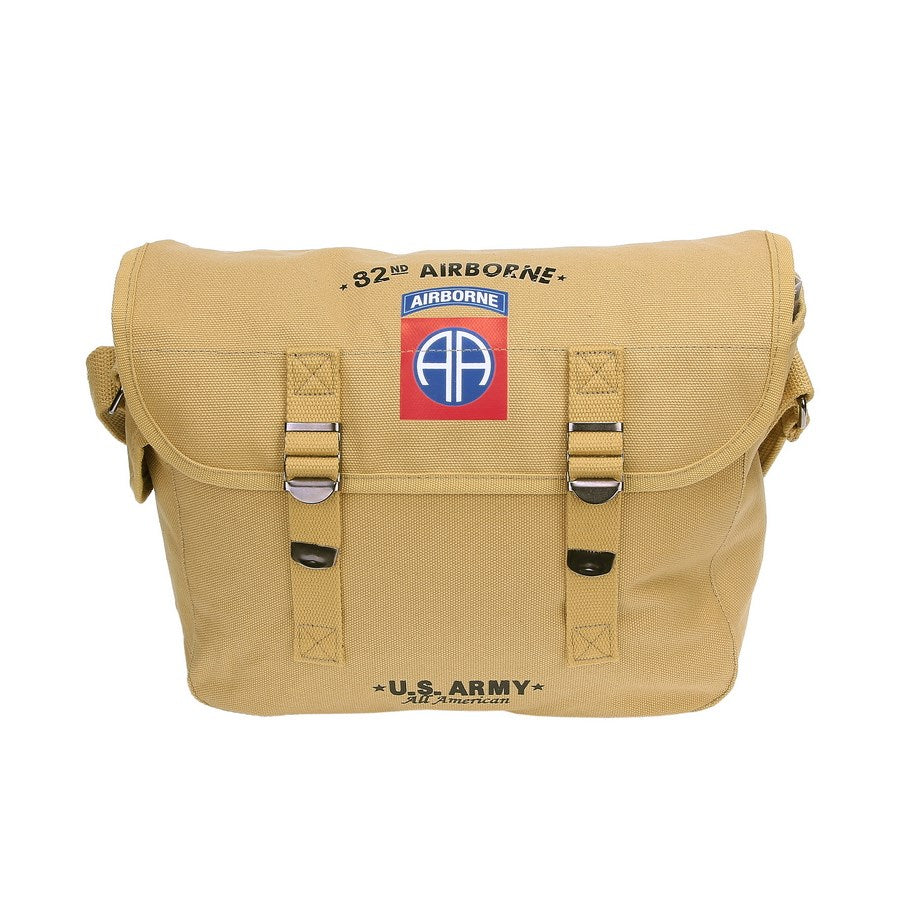Bolsa bandolera 82nd Airborne de lona color arena con estampado U.S. Army y correa ajustable