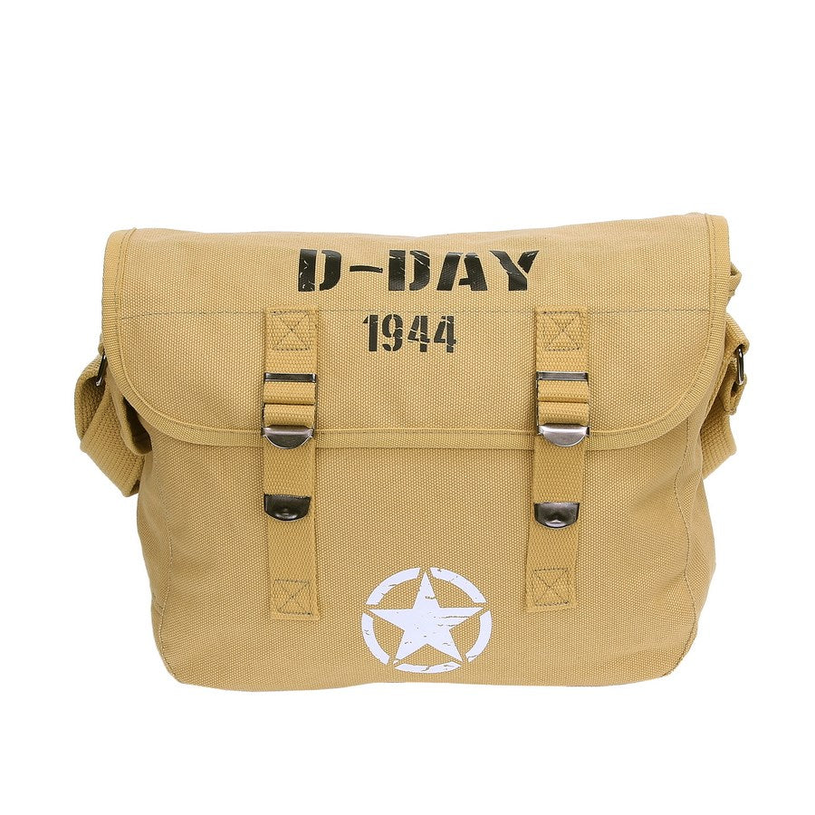 Bolsa bandolera de lona D-DAY 1944 beige con estampado negro y estrella aliada blanca, correa ajustable