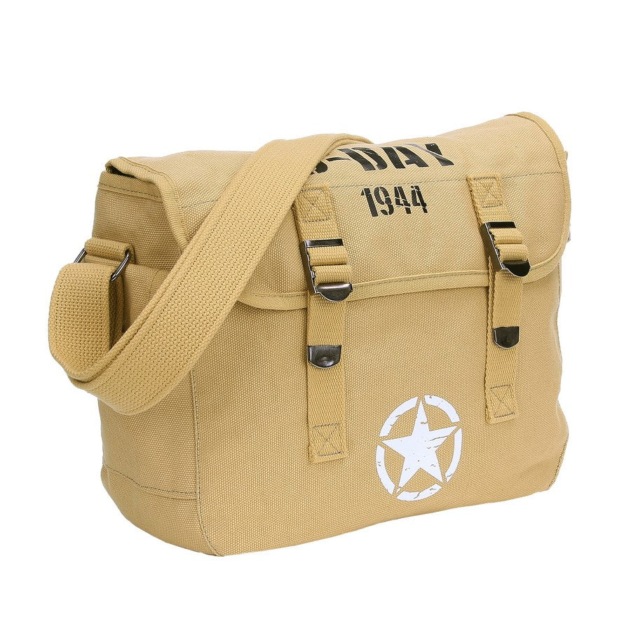 Bolsa bandolera de lona D-DAY 1944 beige con estampado negro y estrella aliada blanca, correa ajustable