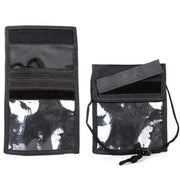 Funda ID negra en nylon resistente para documentos y tarjetas, colgante al cuello