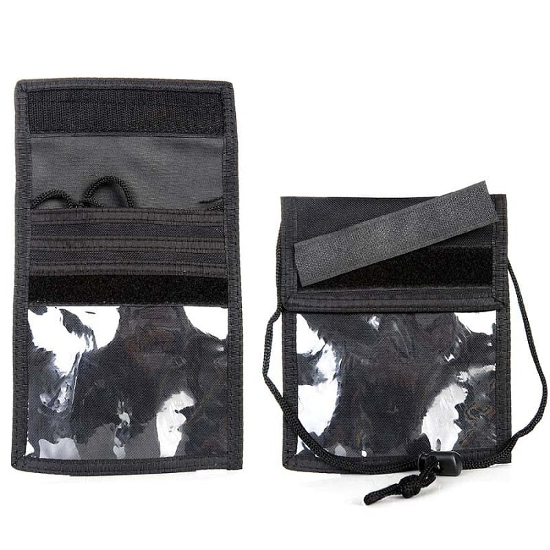 Funda ID negra en nylon resistente para documentos y tarjetas, colgante al cuello