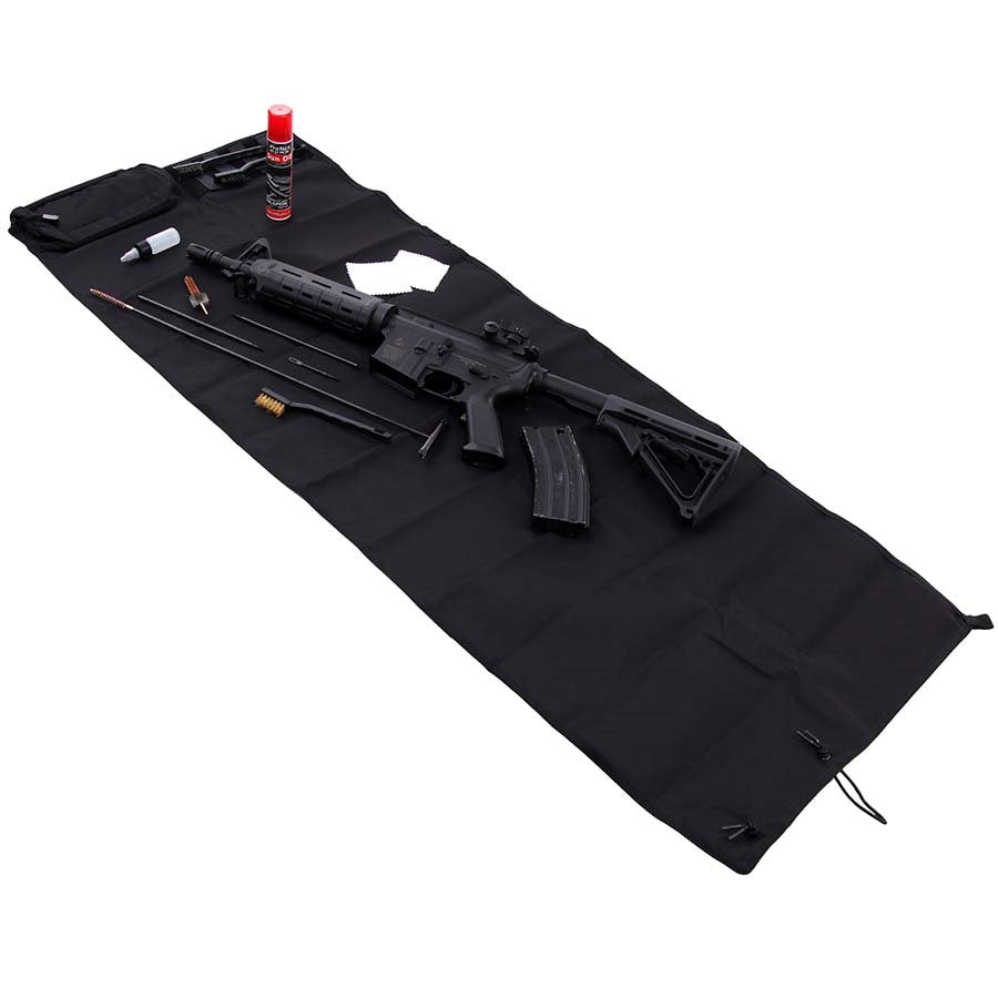 Esterilla de limpieza de armas verde con bolsillo en esquina y base engomada, 129 x 48 cm