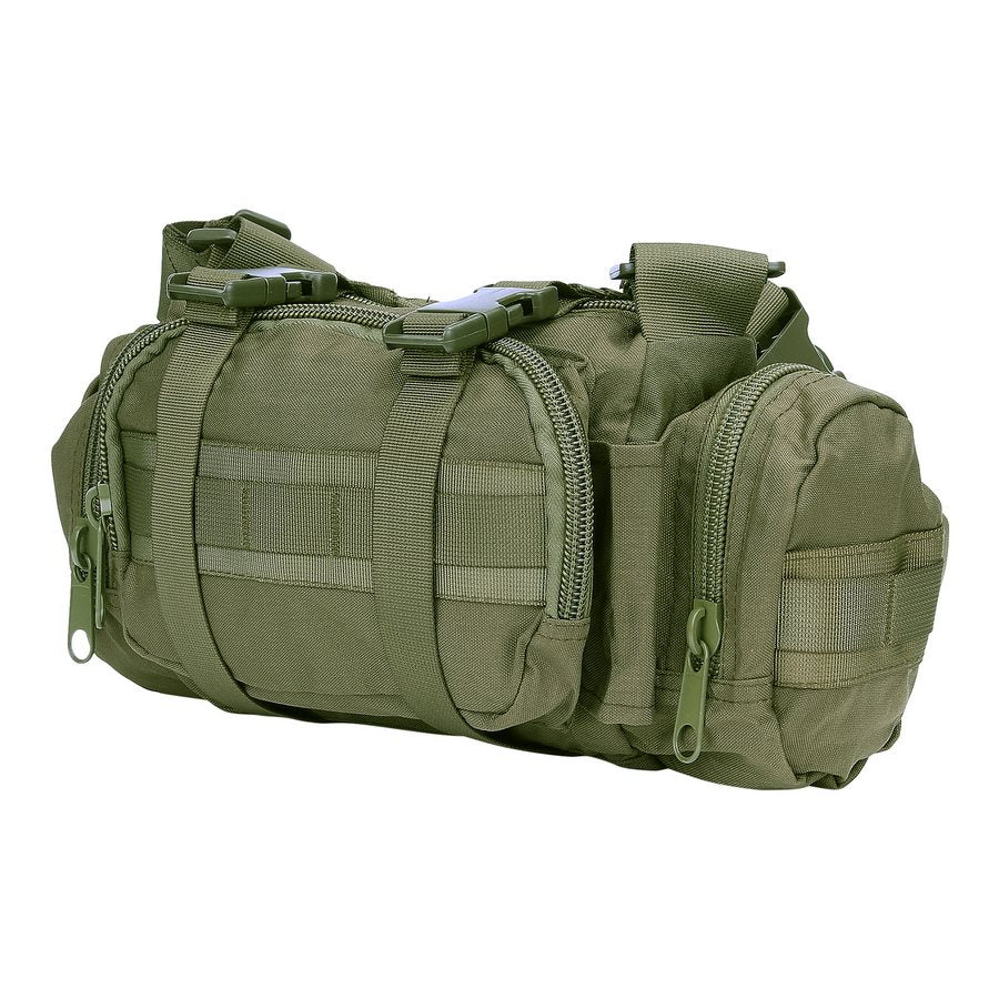 Riñonera Contractor Cordura verde vista frontal con correa ajustable y cierre, 340x180x140 mm