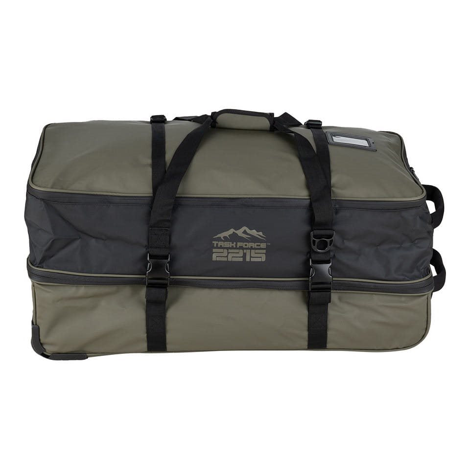 Bolsa de viaje verde COMMANDER PRO impermeable con cremalleras selladas, base reforzada y tres ruedas