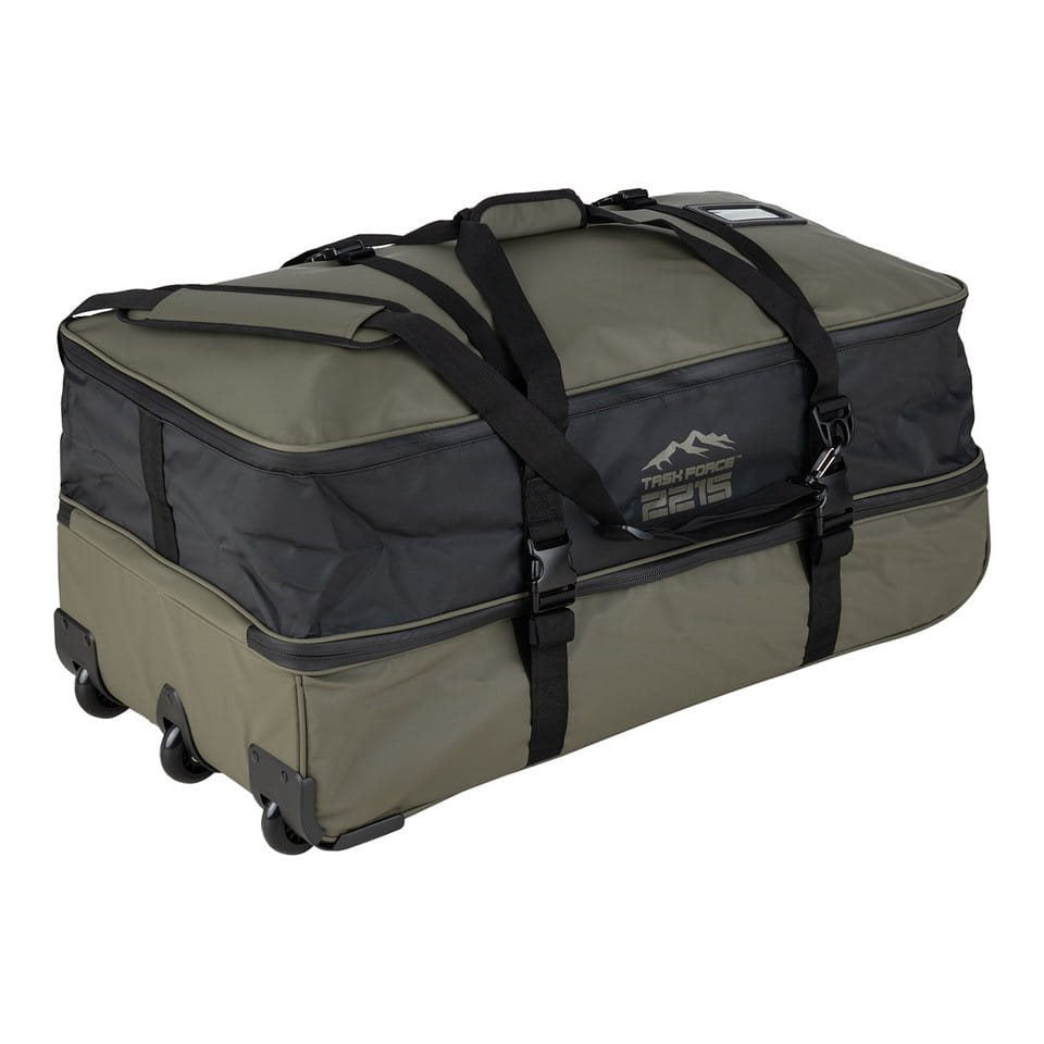 Bolsa de viaje verde COMMANDER PRO impermeable con cremalleras selladas, base reforzada y tres ruedas