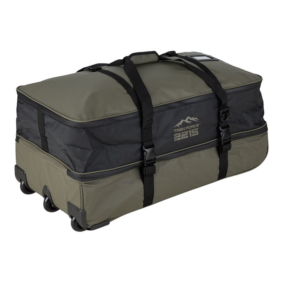 Bolsa de viaje verde COMMANDER PRO impermeable con cremalleras selladas, base reforzada y tres ruedas