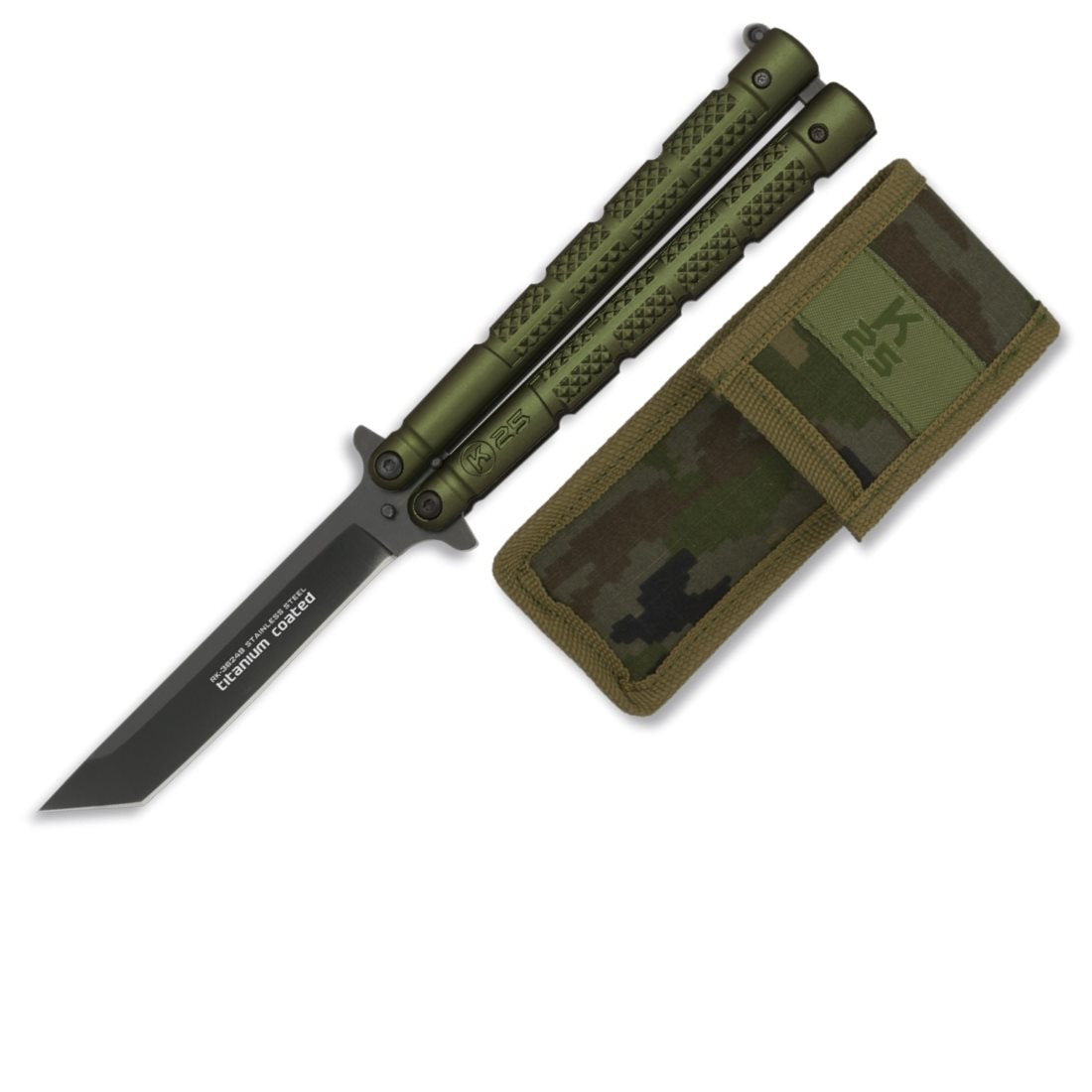 Navaja mariposa K25 Tanto verde con funda, navaja plegable metálica