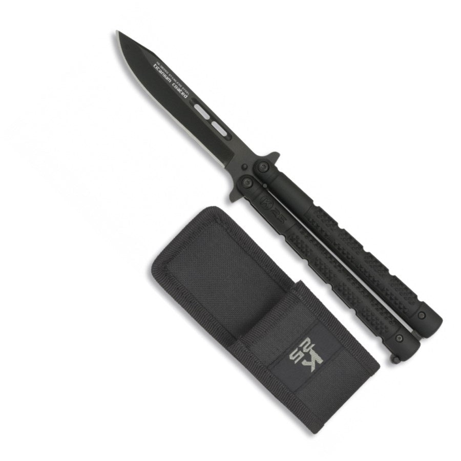 Navaja mariposa K25 Tanto verde con funda, navaja plegable metálica