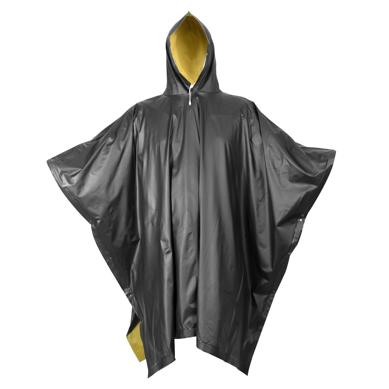Poncho impermeable reversible de PVC negro y amarillo con capucha y cierre de presión, 130 x 200 cm