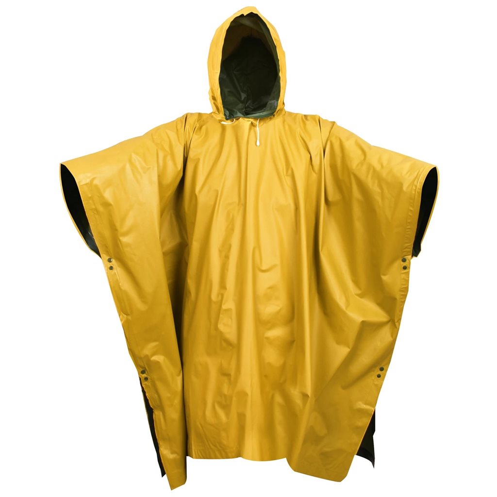 Poncho impermeable reversible de PVC negro y amarillo con capucha y cierre de presión, 130 x 200 cm