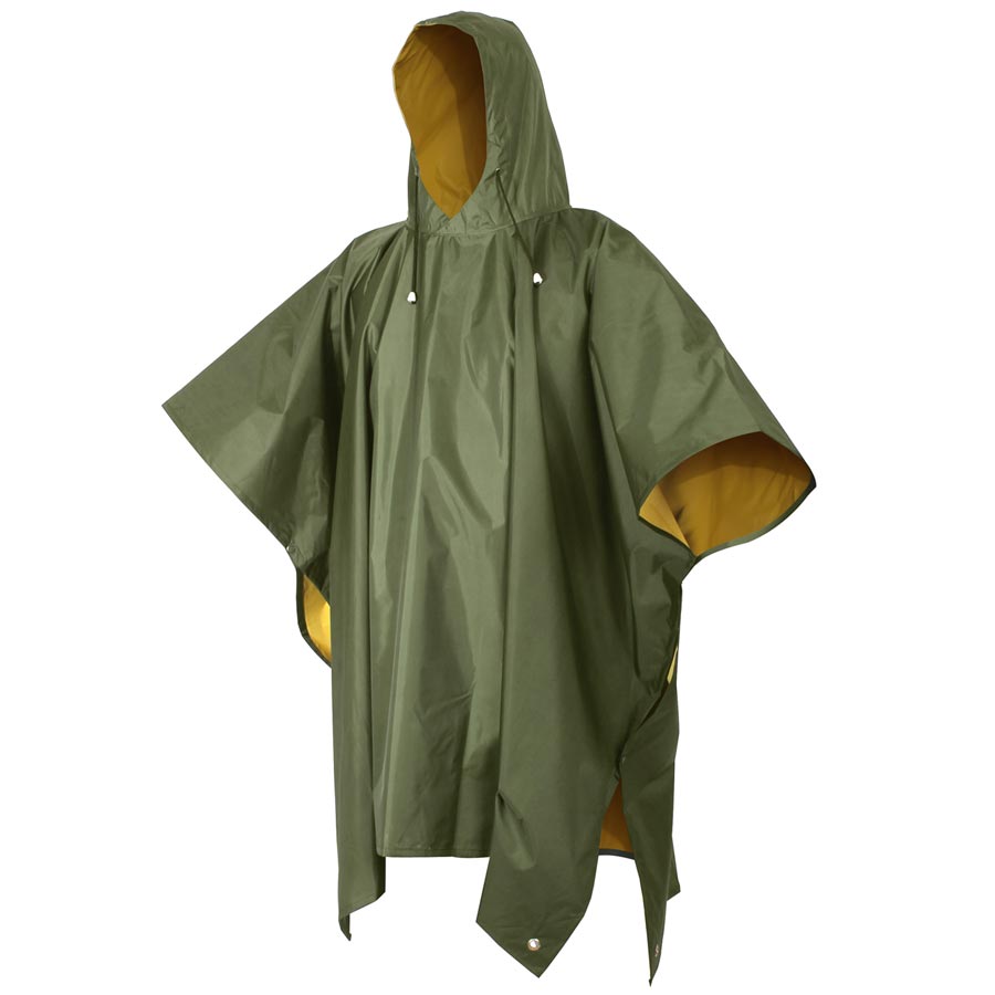 Poncho impermeable reversible de PVC negro y amarillo con capucha y cierre de presión, 130 x 200 cm
