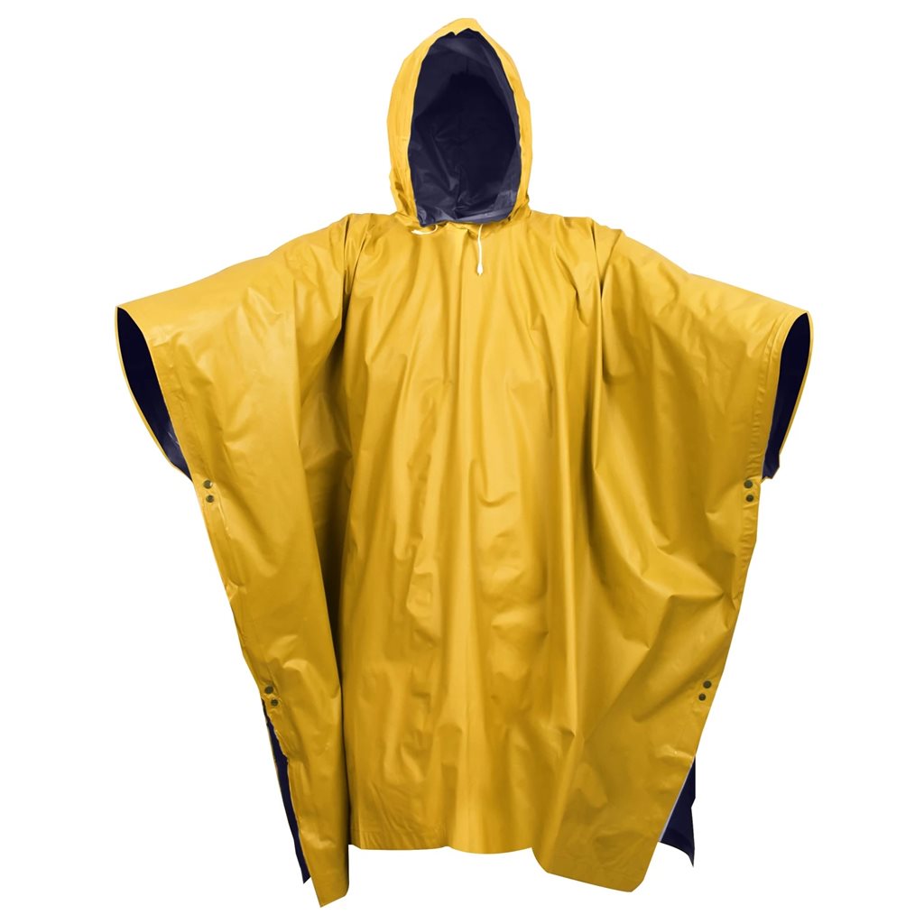 Poncho impermeable reversible de PVC negro y amarillo con capucha y cierre de presión, 130 x 200 cm