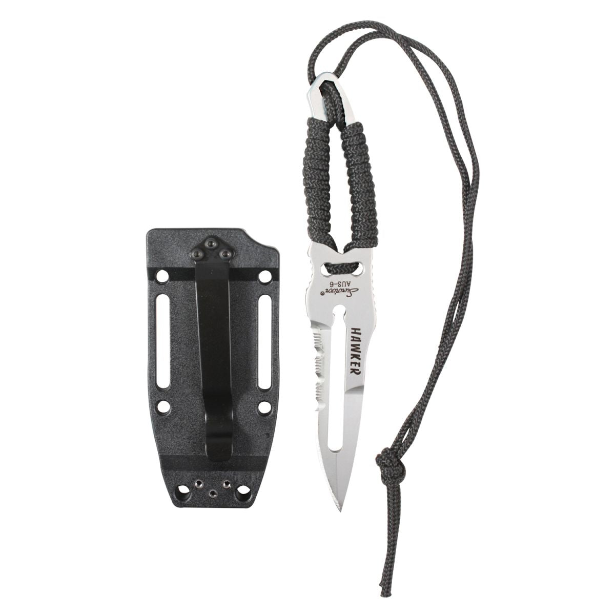 Cuchillo con hoja fija y empuñadura envuelta en paracord negro y plata