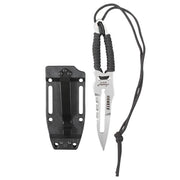 Cuchillo con hoja fija y empuñadura envuelta en paracord negro y plata