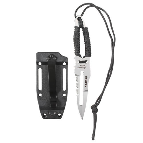 Cuchillo con hoja fija y empuñadura envuelta en paracord negro y plata