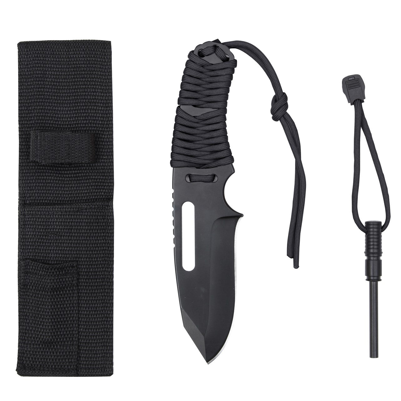 Cuchillo ROTHCO paracord con hoja fija, funda de poliester y pedernal