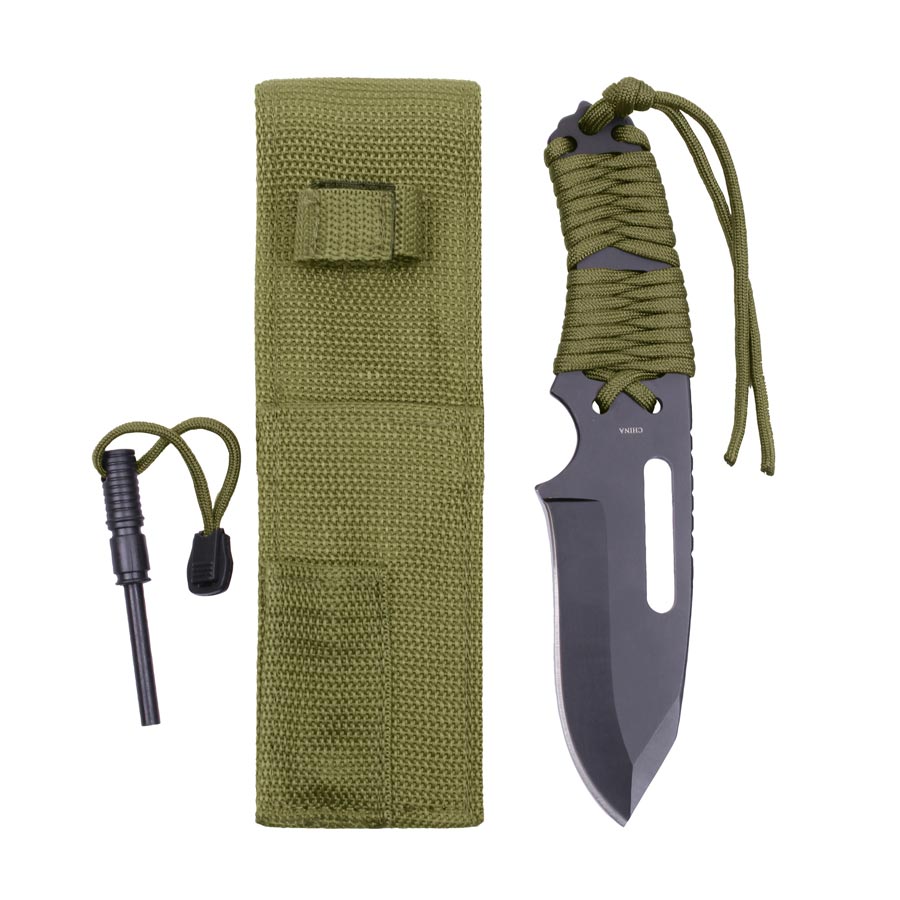 Cuchillo Paracord Rothco de hoja fija con funda y pedernal