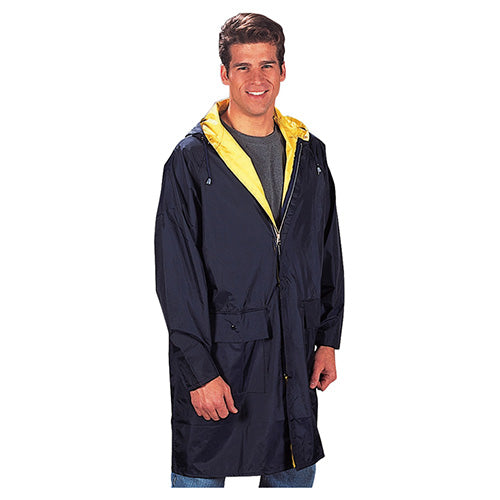 Chaqueta impermeable reversible con capucha en PVC, exterior azul marino e interior amarillo (ID 3749)