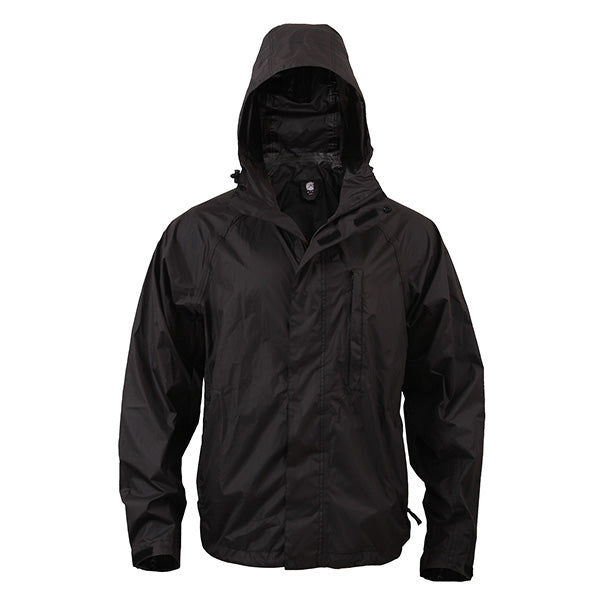 Chaqueta impermeable ligera con capucha negra, plegable, bolsillos con cremallera
