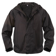 Chaqueta impermeable ligera con capucha negra, plegable, bolsillos con cremallera