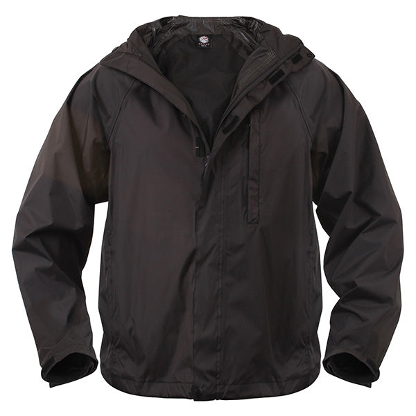 Chaqueta impermeable ligera con capucha negra, plegable, bolsillos con cremallera