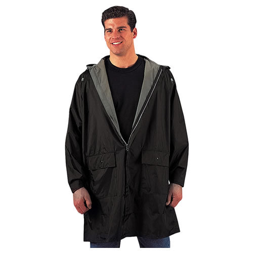Chaqueta impermeable reversible con capucha, exterior negro y forro verde de PVC