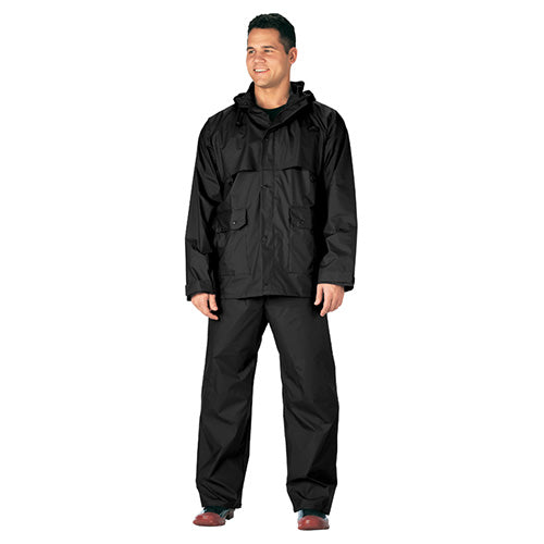 Conjunto impermeable ROTHCO PVC negro, chaqueta y pantalón de nylon con revestimiento PVC
