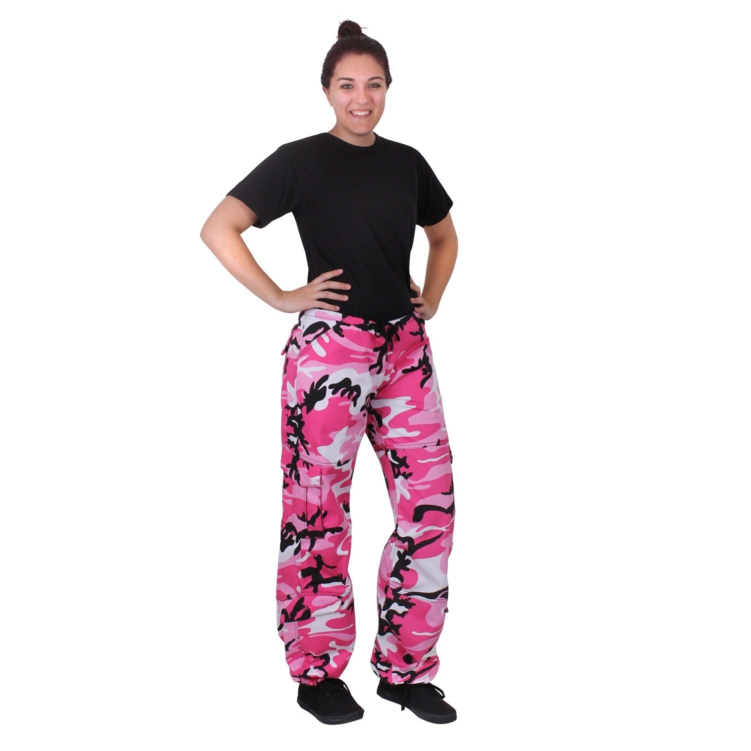Pantalones paratrooper Pink Camo para mujer con bolsillos laterales y traseros