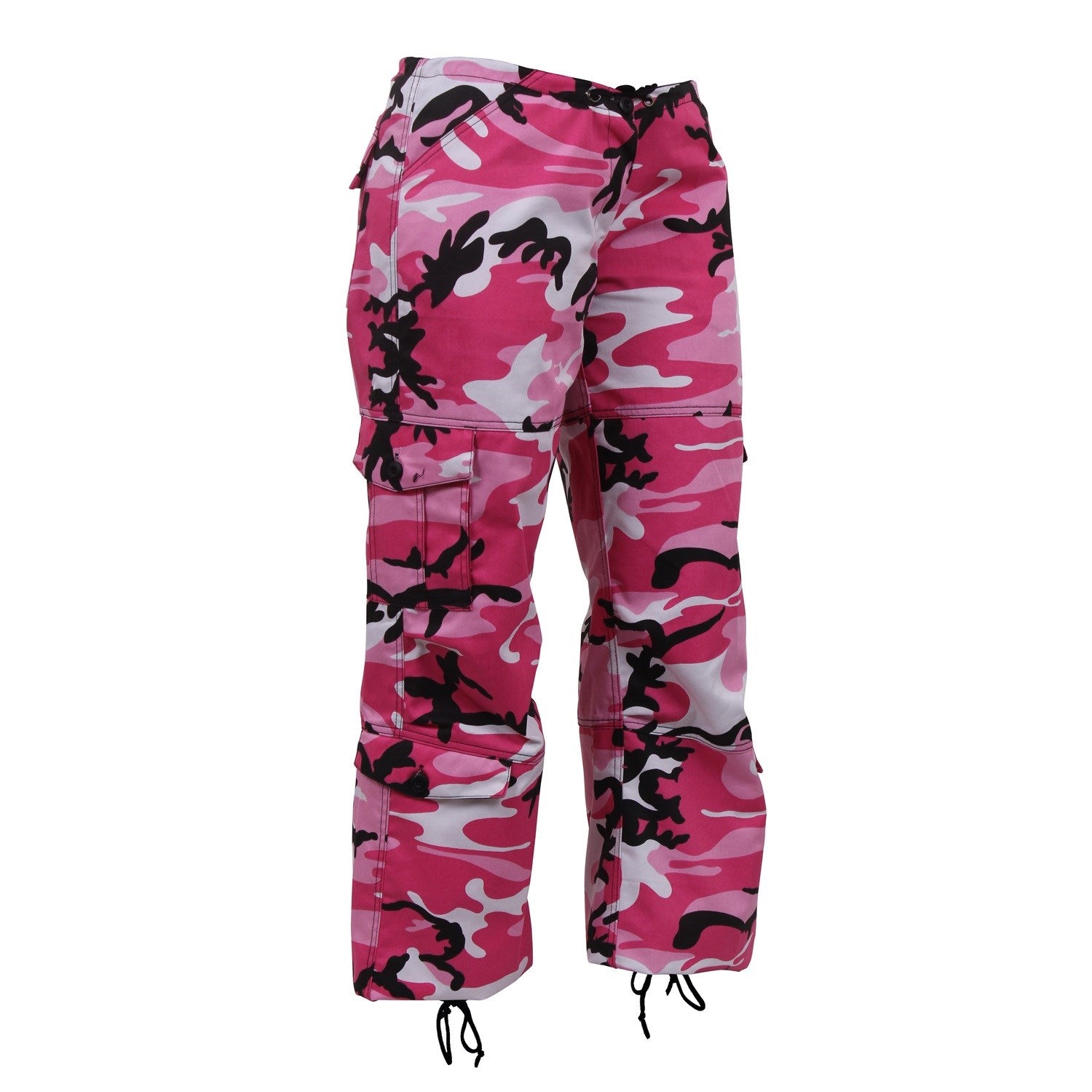 Pantalones paratrooper Pink Camo para mujer con bolsillos laterales y traseros