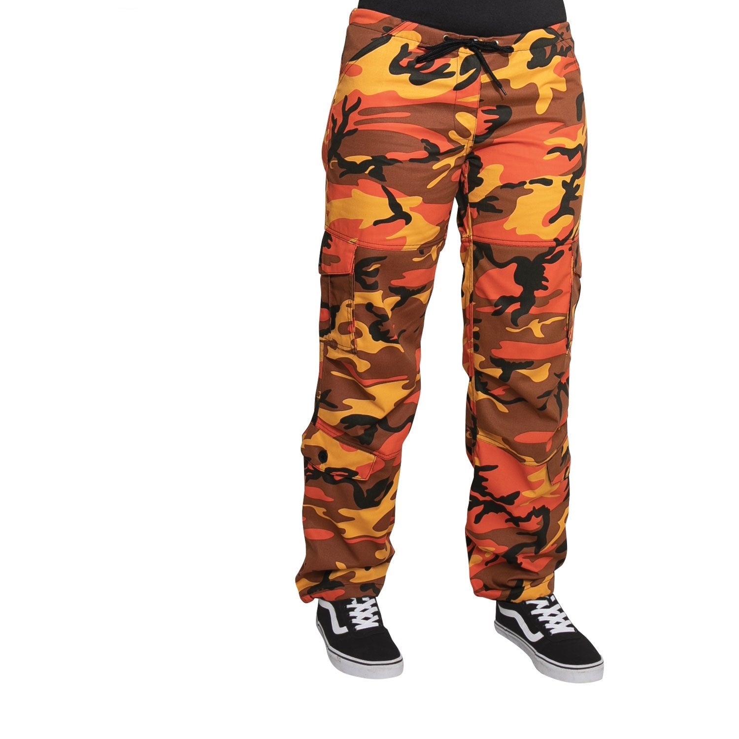 Pantalones paratrooper mujer camuflaje naranja con bolsillos laterales con botones y cordón de ajuste en la cintura